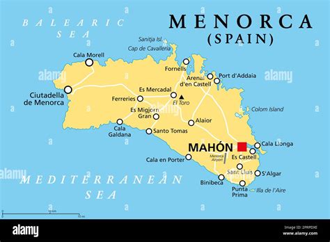 Menorca, or Minorca, political map, with capital Mahon or Port Mahon, official Mao. Island of ...