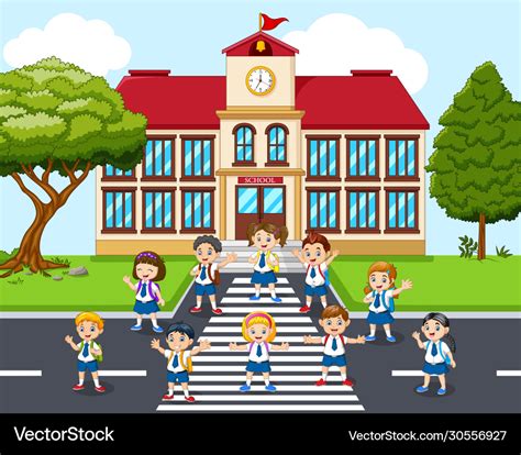 Students cartoon in front school Royalty Free Vector Image