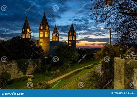 Four Towers Cathedral at Night in Pecs, Hungary Stock Image - Image of ...