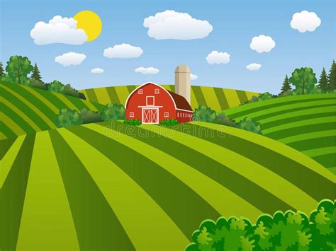 Beautiful Green Field with Cartoon Farm