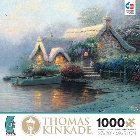 thomas kinkade jigsaw puzzle featuring a boat and cottage on the water