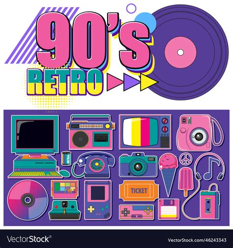 90s retro objects and elements set Royalty Free Vector Image