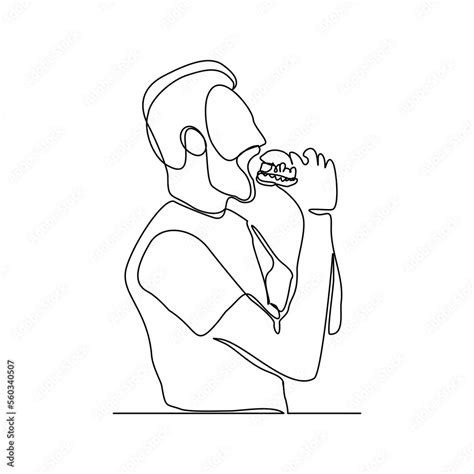 Continuous single one line drawing art of hungry man eat cheese beef ...