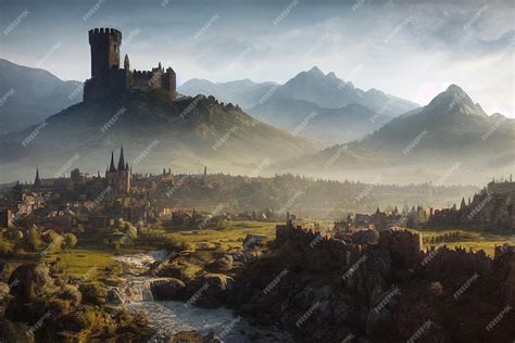 Premium Photo | A beautiful valley old medieval fantasy town and castle concept art