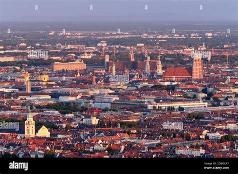 Aerial view of Munich center from Olympiaturm (Olympic Tower) on sunset ...