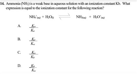 Solved 14. Ammonia (NH3) is a weak base in aqueous solution | Chegg.com