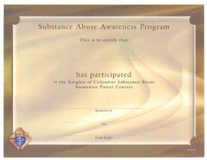 Substance Abuse Participant Certificate | Knights of Columbus - California State Council # ...