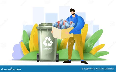 A Man is Sorting the Electronic Waste. Flat Vector Illustration Showing E-waste Design Concept ...