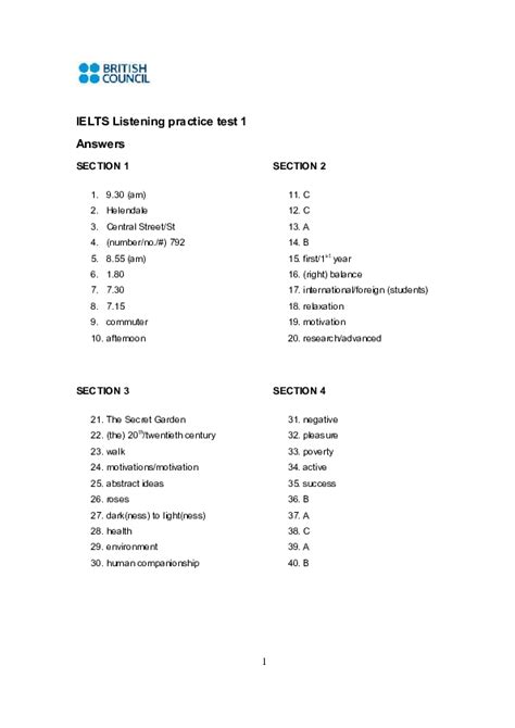 Ielts Listening Answer Sheet