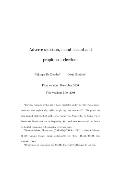 (PDF) Adverse Selection, Moral Hazard and Propitious Selection