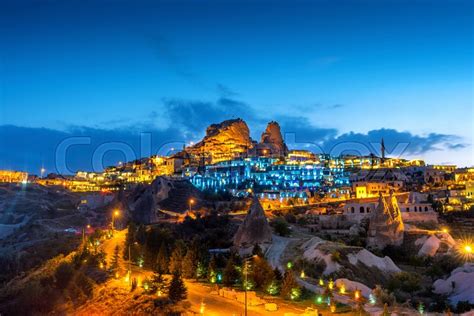 Uchisar Castle at night in Cappadocia, ... | Stock image | Colourbox