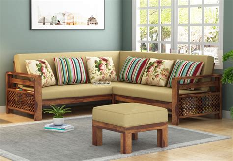 Buy Vigo L-Shaped Wooden Sofa (Irish Cream, Teak Finish) Online in ...