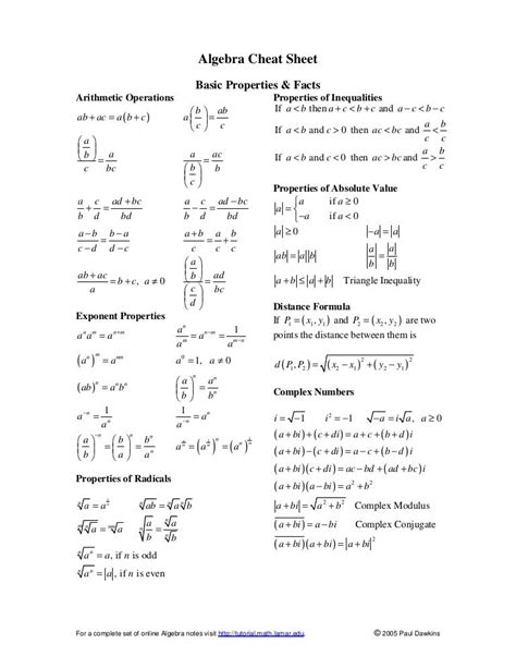 Algebra formulas