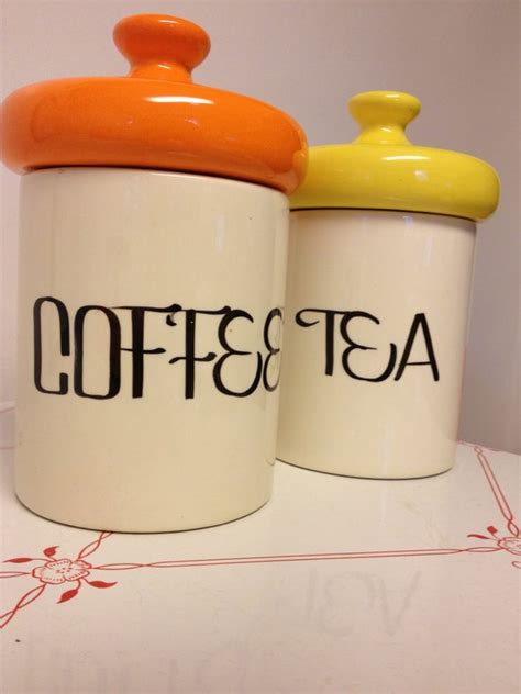 Vintage ceramic coffee and tea canisters cream bright orange