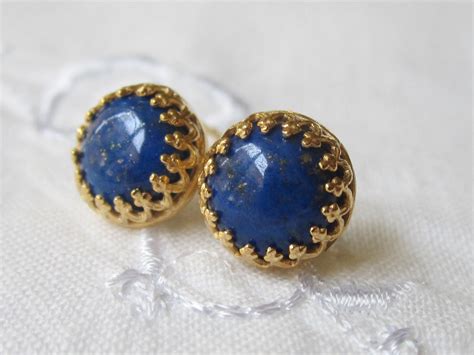 Blue Lapis stud earrings Lapis Lazuli post earrings 18K Gold