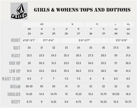 Volcom Summer Size Charts