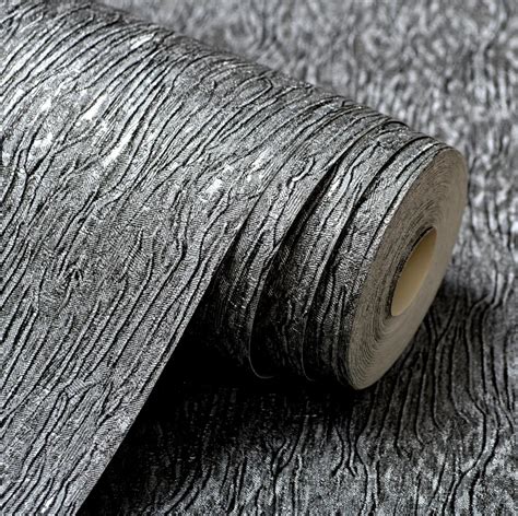 Silver Grey Black Metallic Textured Wallpaper Roll Gray Modern Striped Vinyl Plain Wall Paper ...