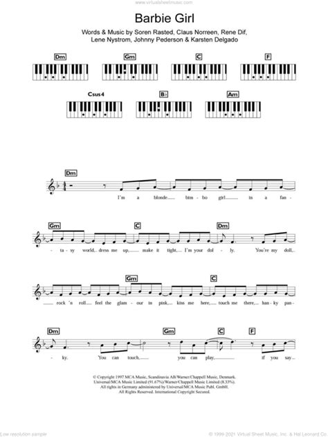 Barbie Girl sheet music for piano solo (chords, lyrics, melody)