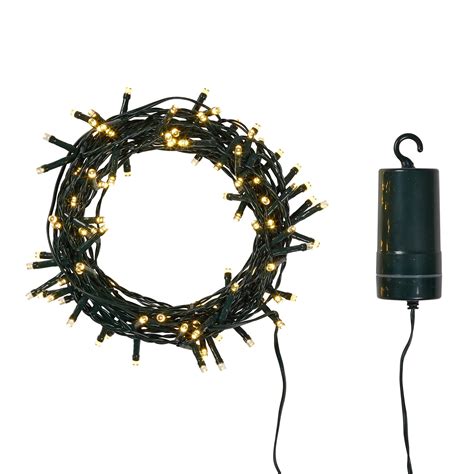 100 Warm White LED Outdoor Battery Fairy Lights On Green Cable | Lights4fun.co.uk