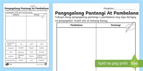 Pangngalang Pantangi At Pambalana Activity Sheet | Grade 1 | Twinkl