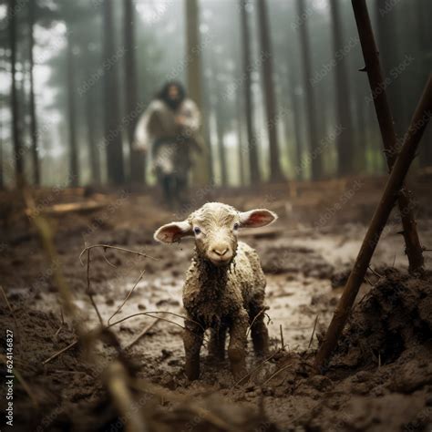 Jesus runs towards a lost lamb Stock-Foto | Adobe Stock