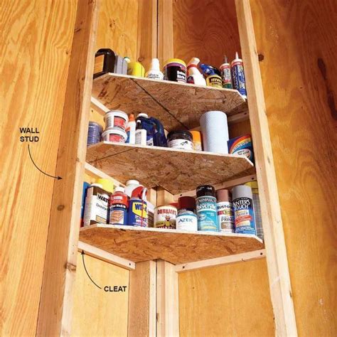 Garage Corner Shelves. Use scrap plywood or oriented strand board to make shelves that fit snu ...