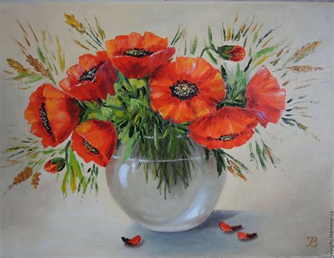 "Red poppies" oil Painting Flowers in a vase – заказать на Ярмарке Мастеров – BV9IHCOM | Картины ...