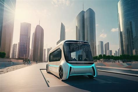 Futuristic Electric Bus Drives Past Futuristic Cityscape, with Tall ...