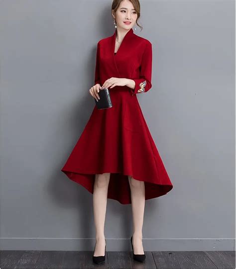 2016 new design women's casual dinner red dresses girls fashion spring sleeve dress lady's ...