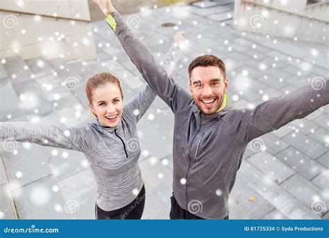 Happy Couple of Sportsmen Outdoors on City Street Stock Photo - Image of stairs, sportswear ...