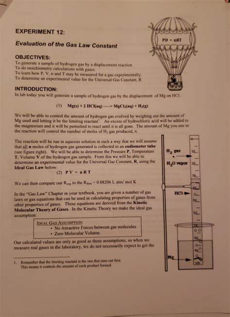 EXPERIMENT 12: Evaluation of the Gas Law Constant PV | Chegg.com