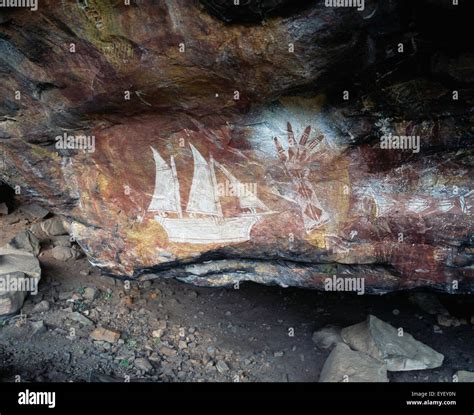 Aboriginal rock art in Arnhem Land depicting the arrival of the first white ships; Northern ...