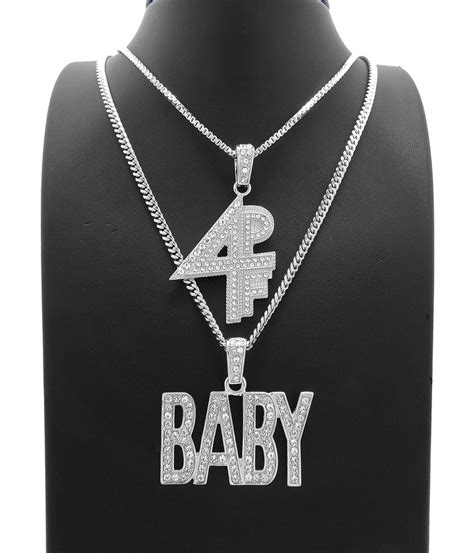 White Gold Plated Hip Hop Lil BABY & 4PF Pendant w/ 20" 24" Box Cuban