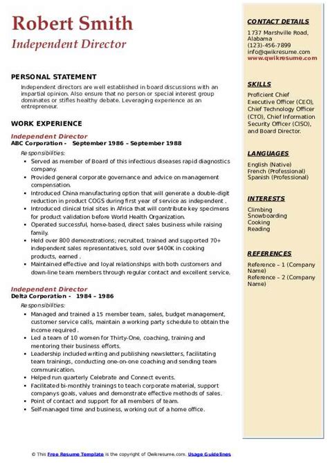 Independent Director Resume Samples | QwikResume