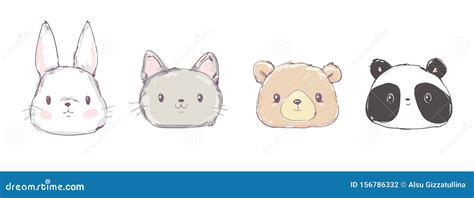 Cute Set Animals, Hand Drawn Cute Rabbit, Bear, Panda and Cat, Vector Illustration. Print Design ...