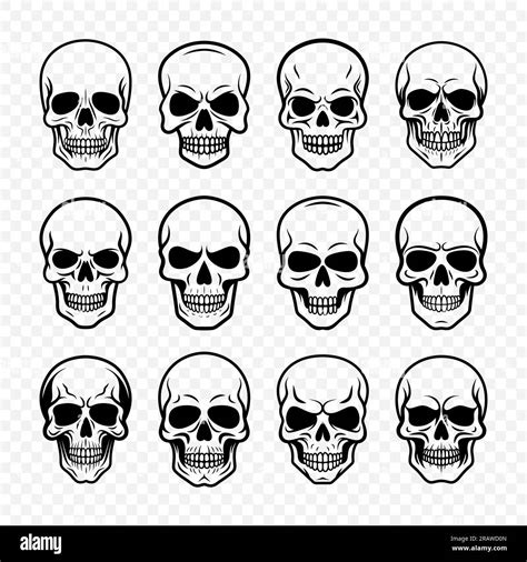 Vector Black Skull Icon Set Isolated. Skulls Collection with Outline in Front View. Hand Drawn ...