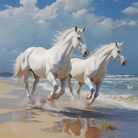 White Horse Grazing on the Beach in Painting Style Stock Illustration - Illustration of beach ...