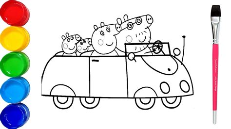 Peppa Pig And Family Driving Car Coloring Pages for kids | How to Draw ...