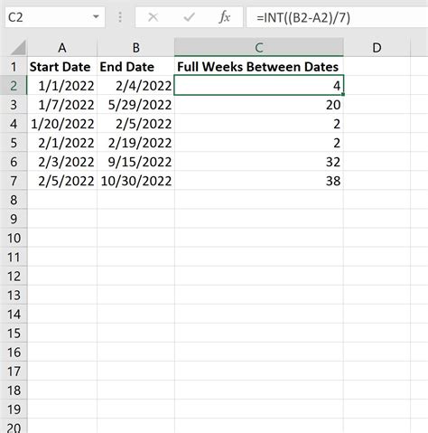 Excel: Calculate the Number of Weeks Between Dates