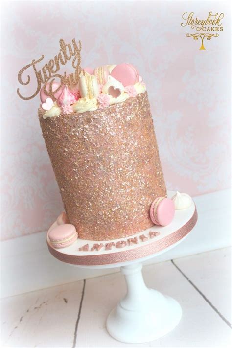 Rose gold cake, rose gold glitter cake, Tall rose gold glittery birthday cake with maca… | 40th ...