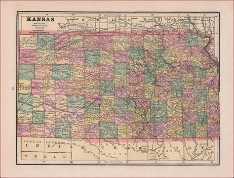 Kansas, Antique Color Map, Original, 1892 | Map, Antique maps, Old map