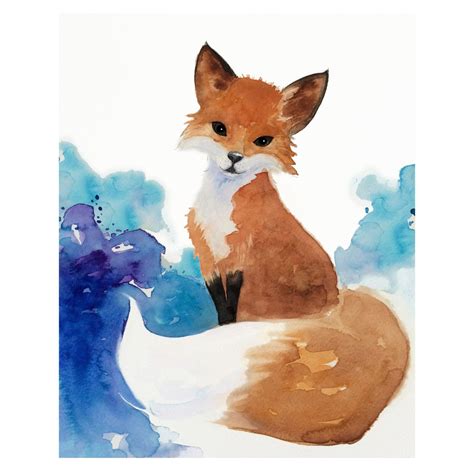 Cute Watercolor Fox Giclee Art Print, Brown, White and Blue Decor, Woodland Nursery Wall ...