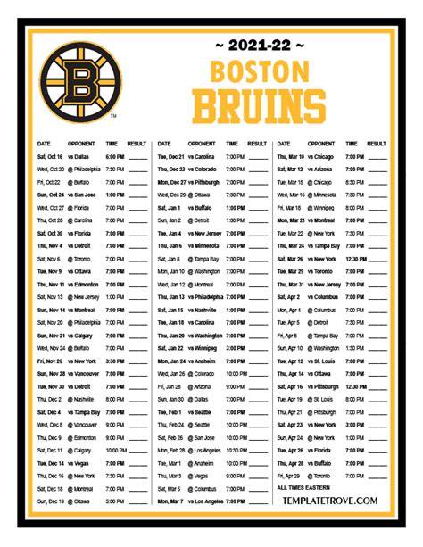 Printable 2021-2022 Boston Bruins Schedule