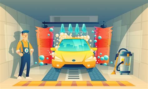 Free Vector | Automatic car washing, service with cartoon character in box, yellow vehicle ...