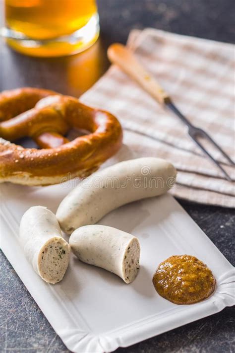 The Bavarian Weisswurst, Pretzel and Mustard. Stock Photo - Image of breakfast, fest: 127762606