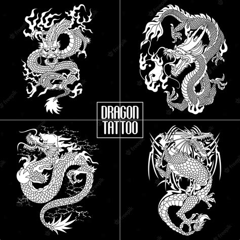 Premium Vector | A series of dragon tattoos are shown on a black ...