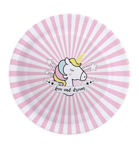 8 Unicorn paper party plates Ø23cm