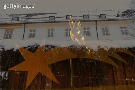 CC- Christmas Market Monastery Ettal, Bavaria - wooden kiosk with fir branches, star and angel ...