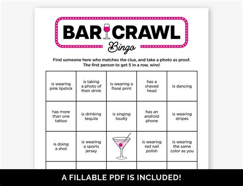 Editable Bar Crawl Bingo Game, Printable Find Someone Who Bar Hopping ...