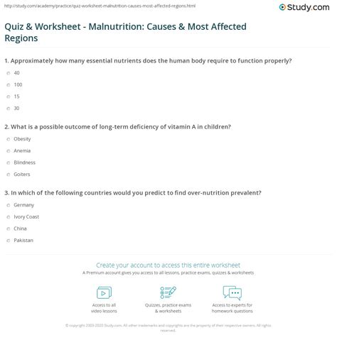 Quiz & Worksheet - Malnutrition: Causes & Most Affected Regions | Study.com